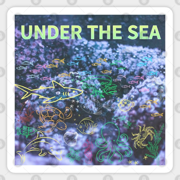 under the sea,blue sea,sea creatures,Turtle, puffer fish, starfish, shrimp, shark, tropical fish, sea horse, seaweed, sardines, squid, crabs, clams Sticker by zzzozzo